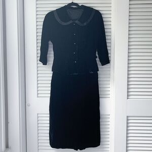 Vintage 1950s 50s Black Velvet Peter Pan Collar Skirt Suit Set S Goth Gothic